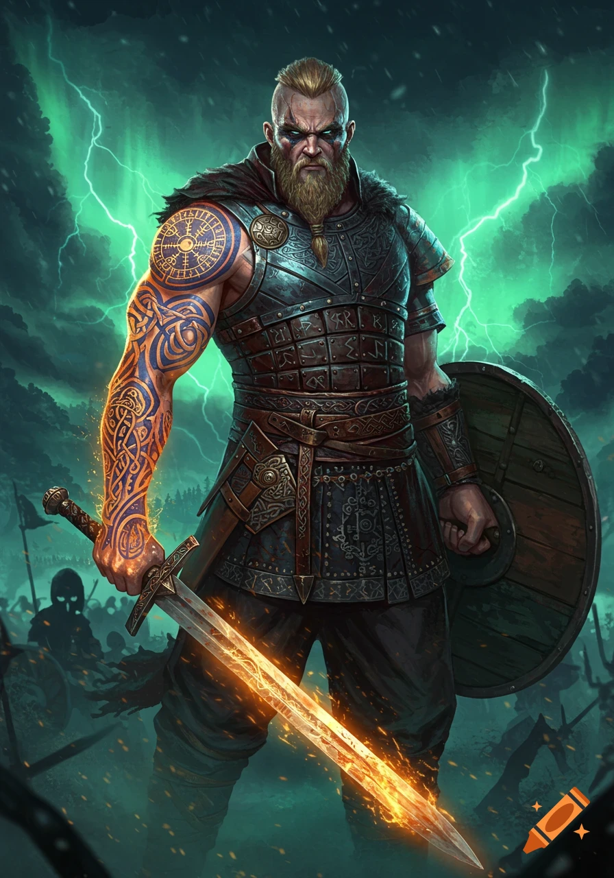 A fierce Viking warrior in ornate armor, with glowing tattoos and a flaming sword, standing on a battlefield under green lightning.