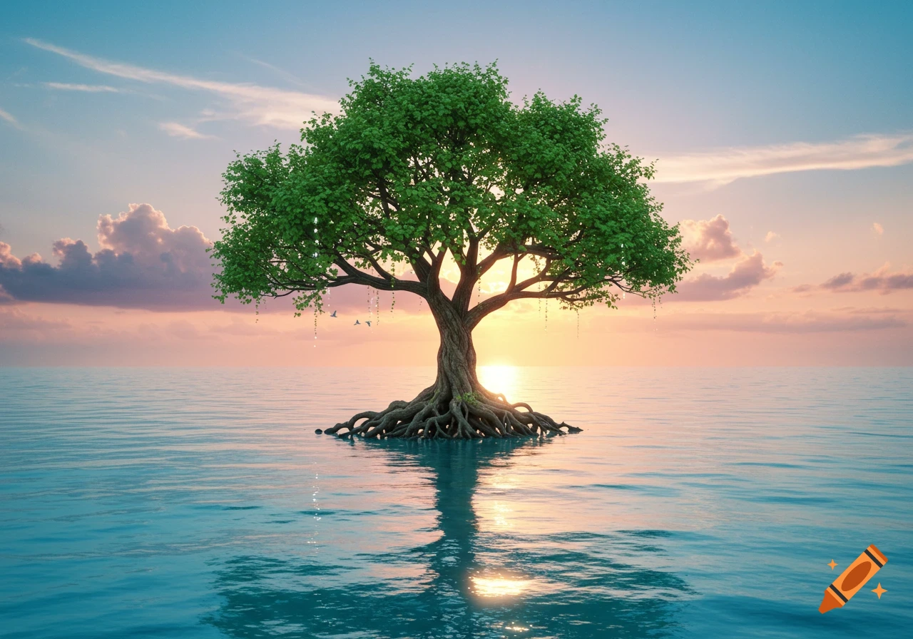 A vibrant green tree with exposed roots stands in the calm blue ocean at sunset, reflecting in the water.
