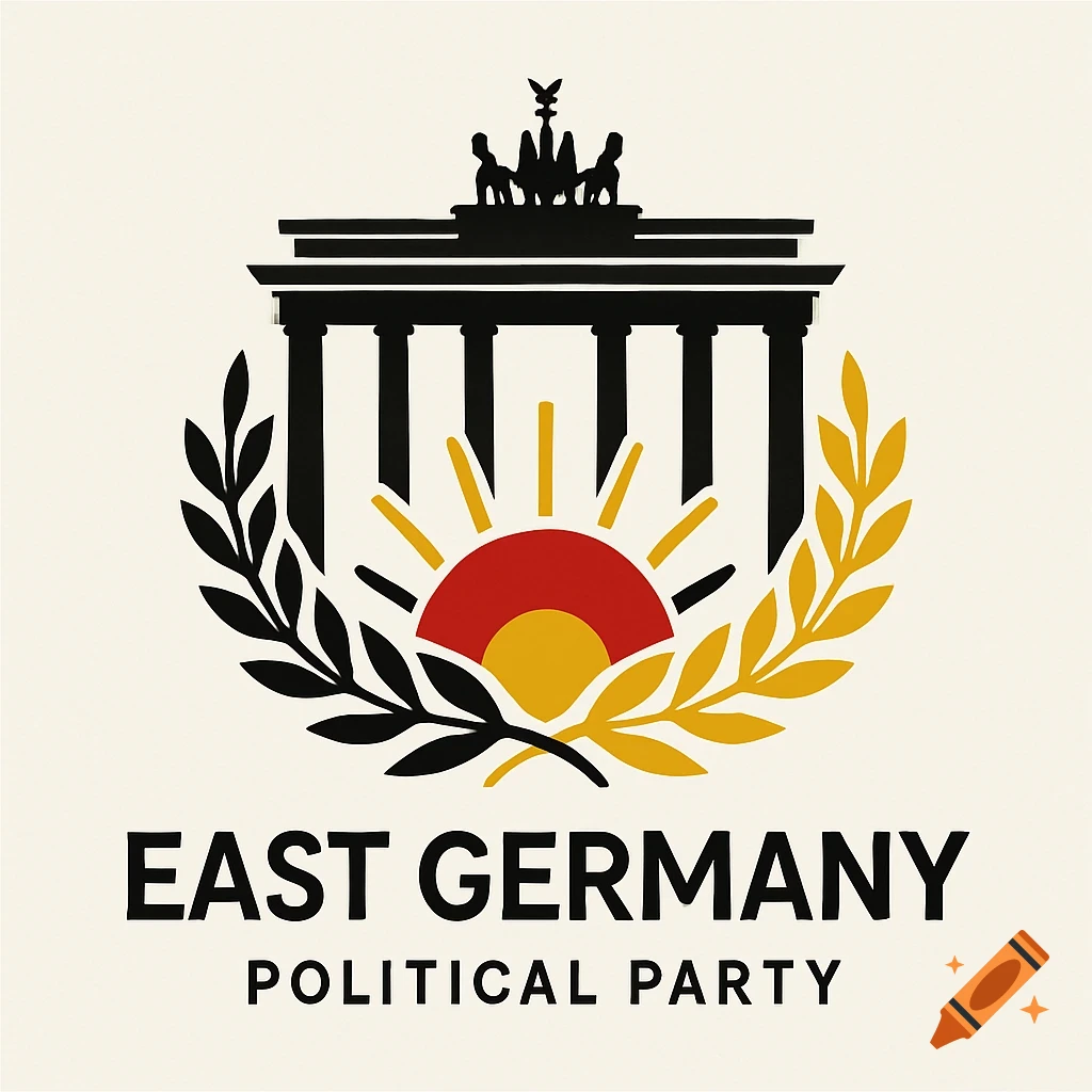 A stylized logo with a black Brandenburg Gate, a sun with red and yellow, and laurel branches. Text reads "EAST GERMANY POLITICAL PARTY".