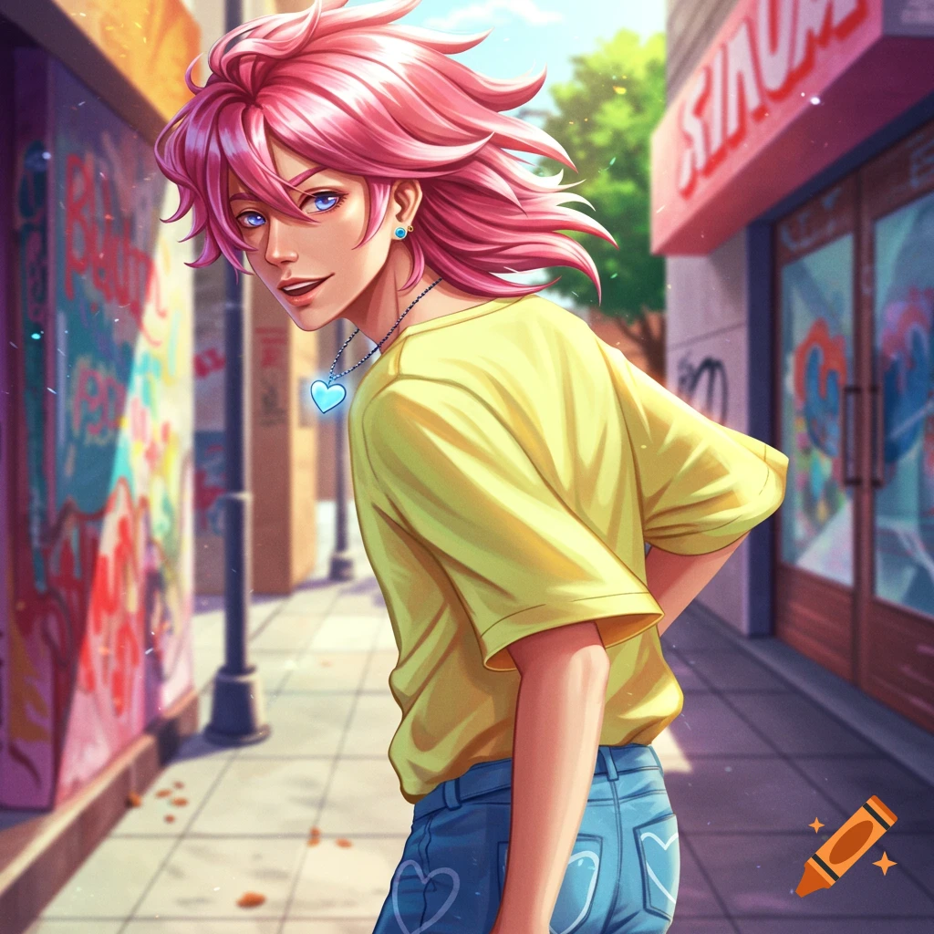 An anime guy with pink hair, yellow shirt, and blue heart necklace smiles while walking on a graffiti-covered urban street.