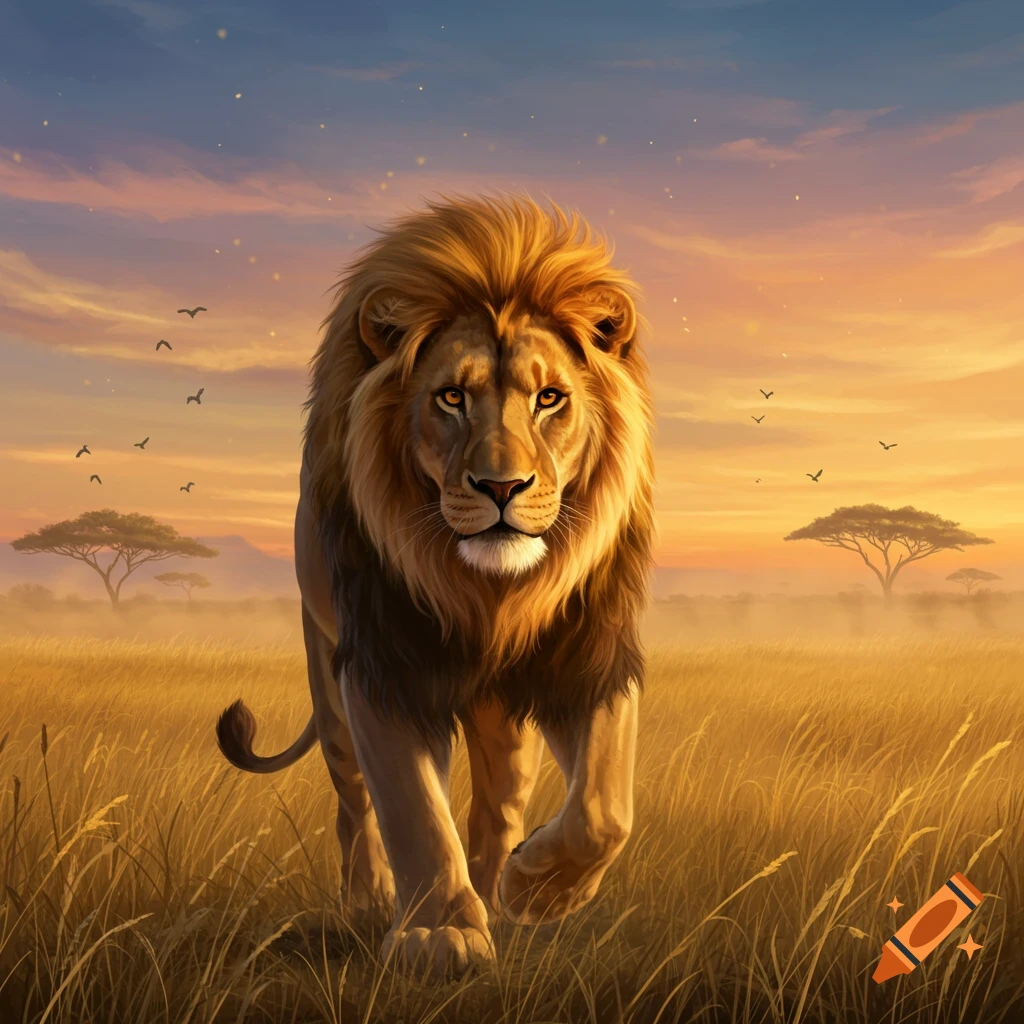 A majestic lion walks through a golden savanna at sunset, with acacia trees and birds in the background. Photorealistic.