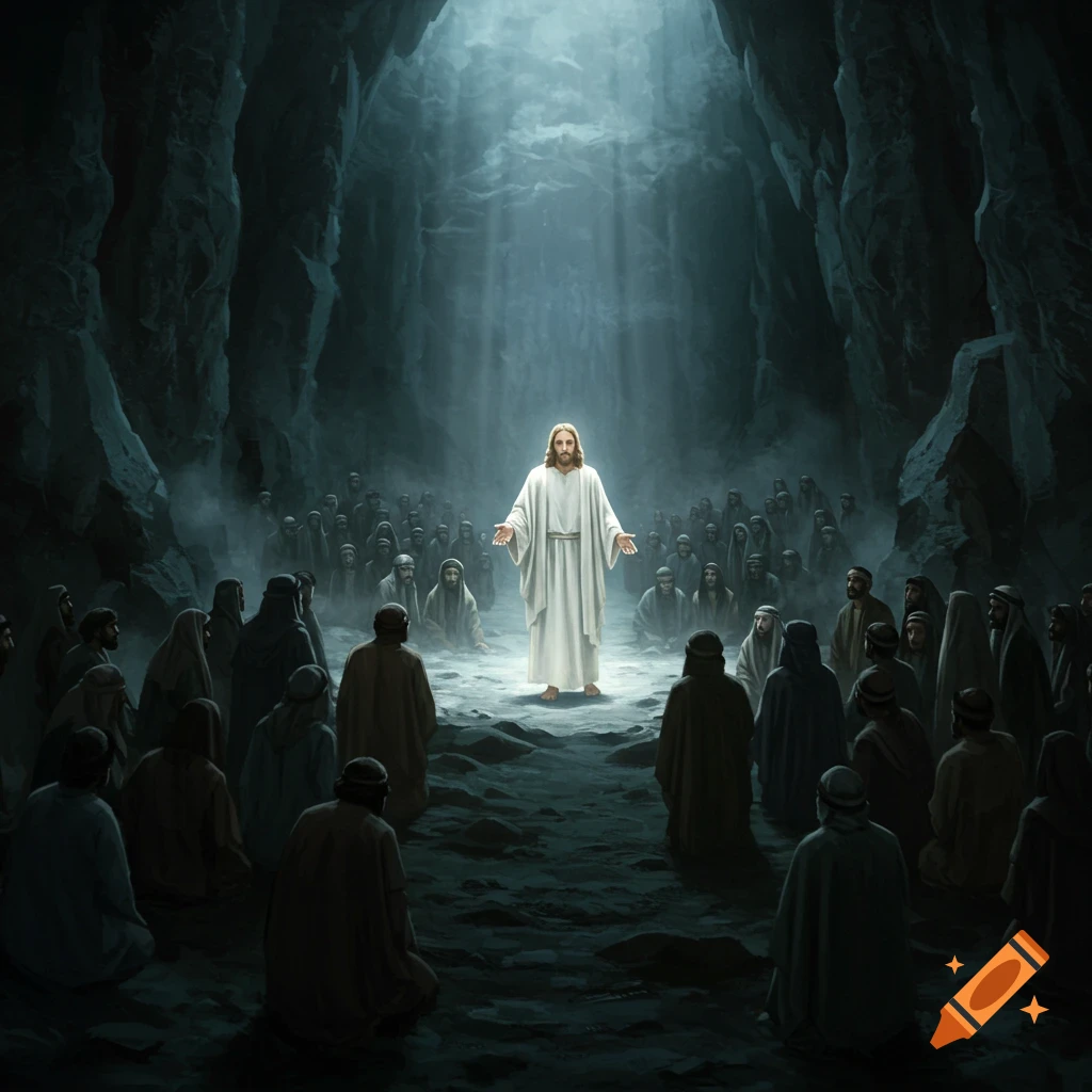 Jesus stands in a dark cave, illuminated by a beam of light, addressing a large multitude of kneeling figures.
