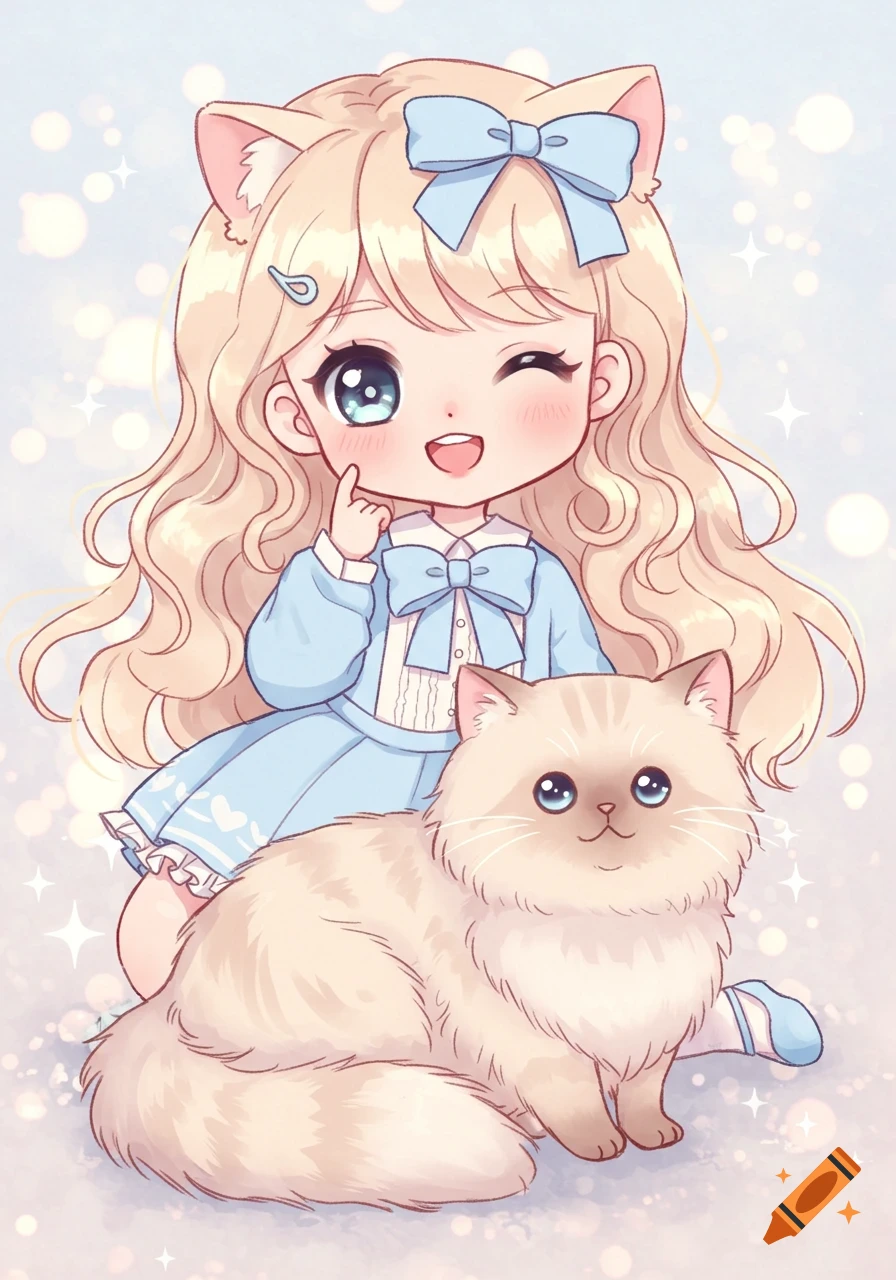 A kawaii anime girl with blonde hair and cat ears winks, kneeling behind a fluffy long-haired cat on a sparkling pastel background.