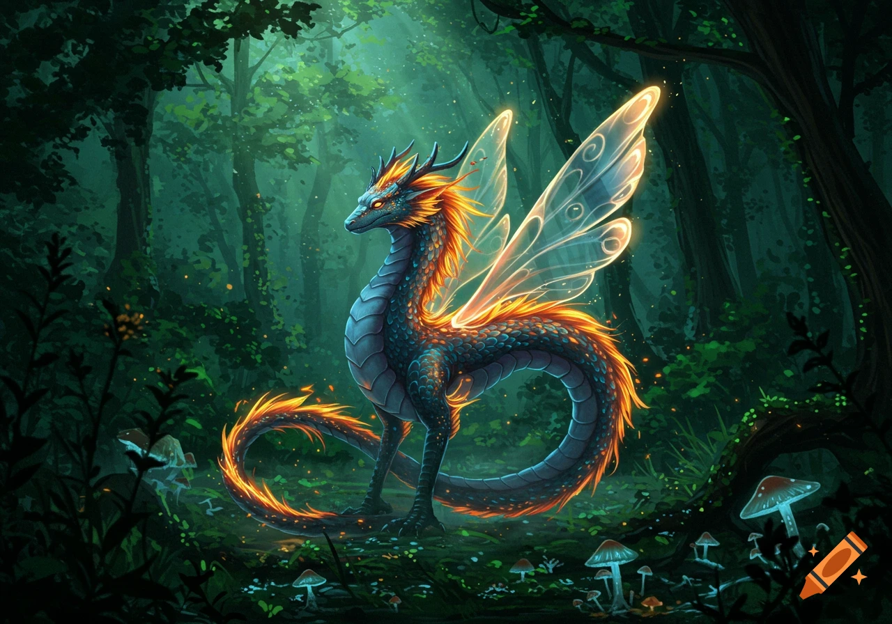 A majestic blue dragon with fiery orange scales and glowing fairy wings stands in a magical, dark green forest with luminous mushrooms.
