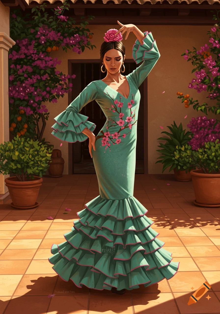 An elegant woman in a teal flamenco dress with pink ruffles and cherry blossom embroidery poses in a sunny Spanish courtyard.