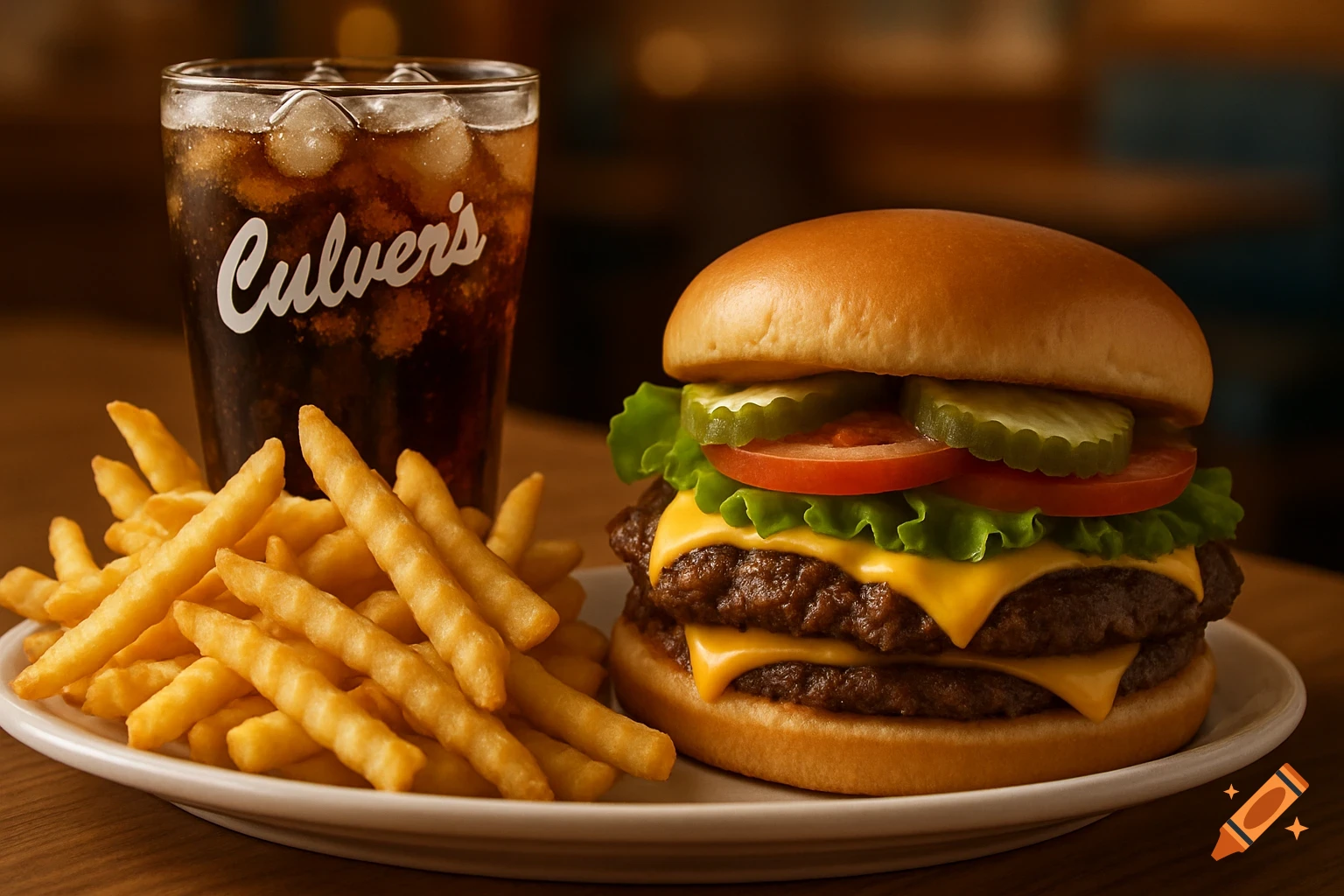 Photorealistic image of a double cheeseburger with fries and a Culver's soda on a white plate, served on a wooden table.