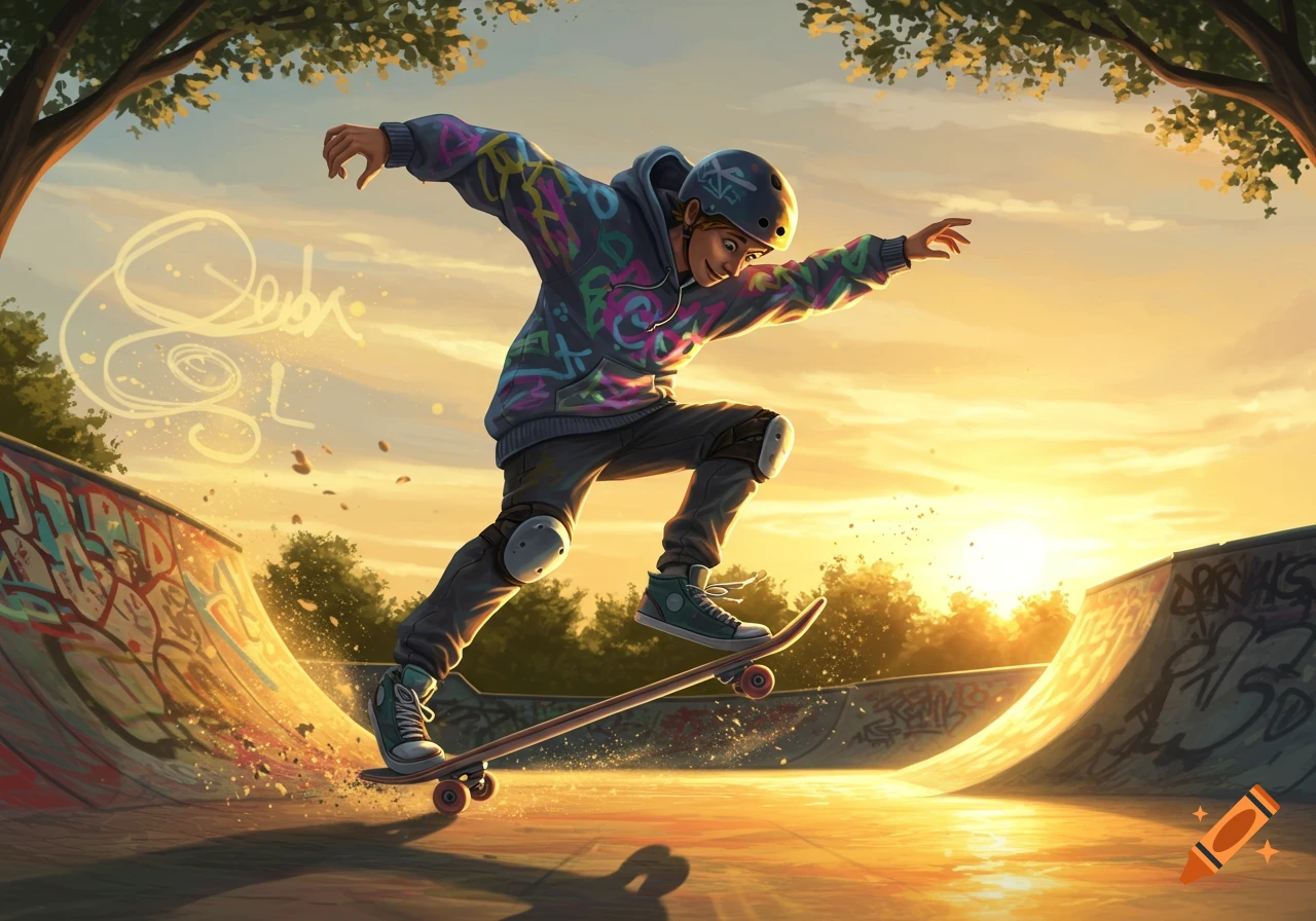 Cartoon-style illustration of a young skateboarder in a helmet and graffiti hoodie performing a trick at sunset in a vibrant skatepark.