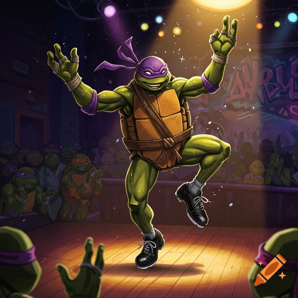 Donatello from TMNT tap dancing on a spotlighted stage with a cheering turtle audience in the background, in a vibrant cartoon style.