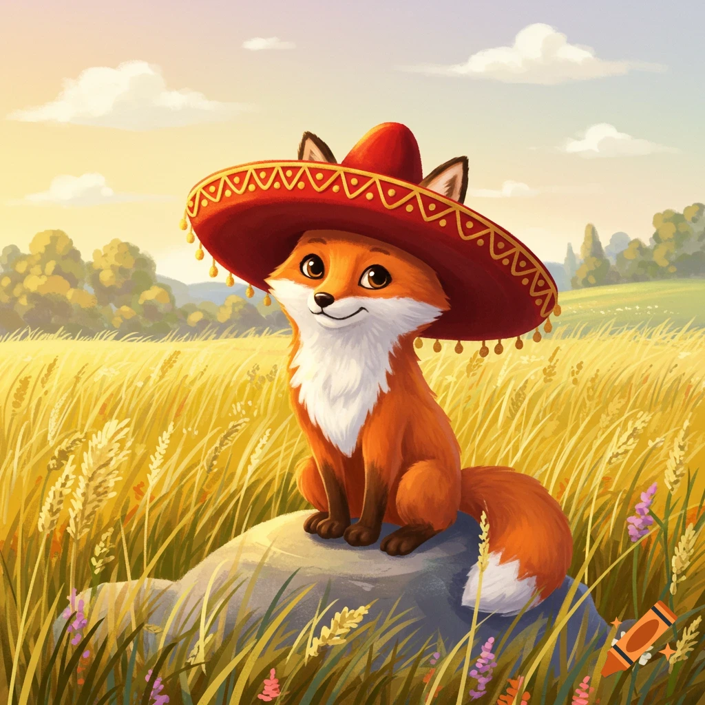 A cute cartoon fox with a red sombrero sits on a rock in a golden wheat field under a sunny sky.
