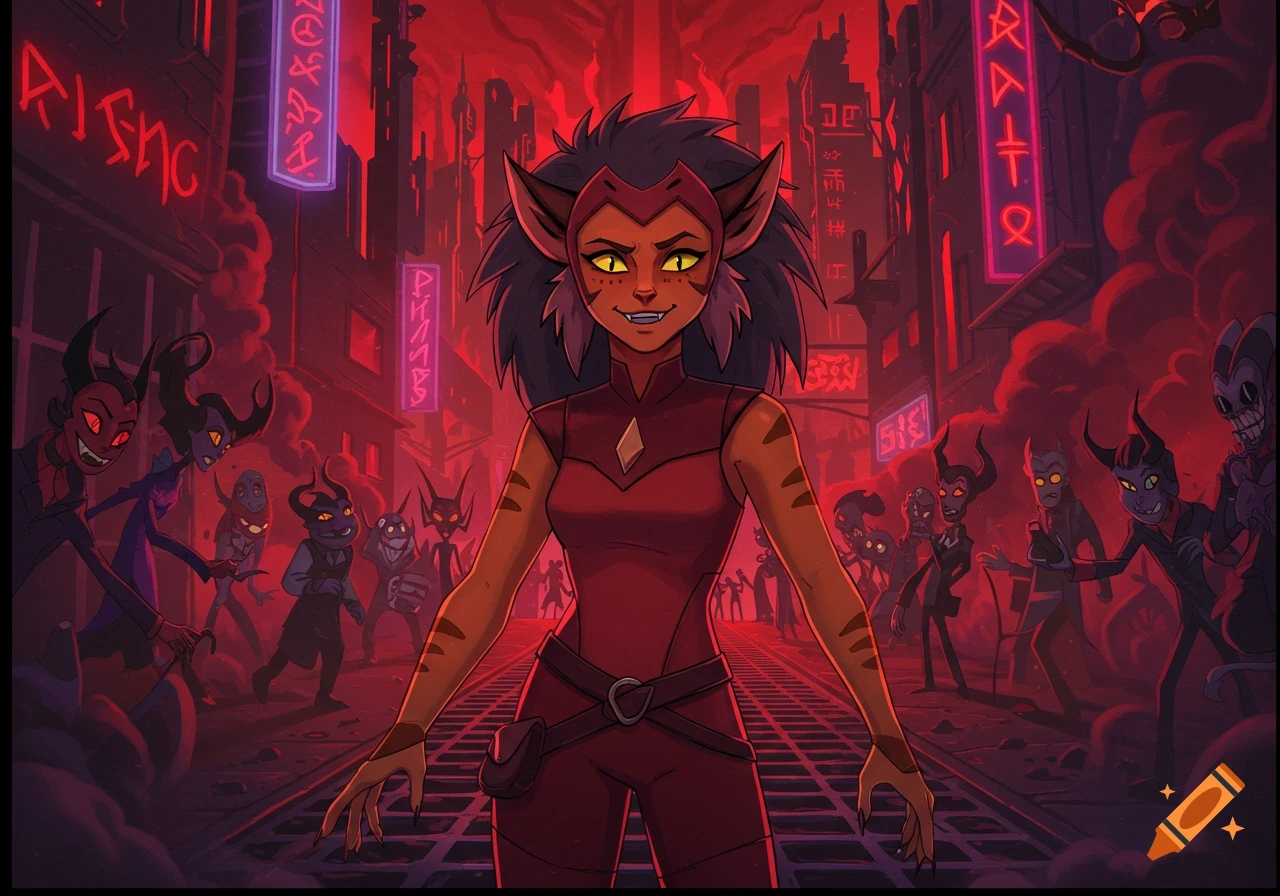 Catra in Helluva Boss style stands in a red-lit, neon-drenched city street with a crowd of demonic figures.