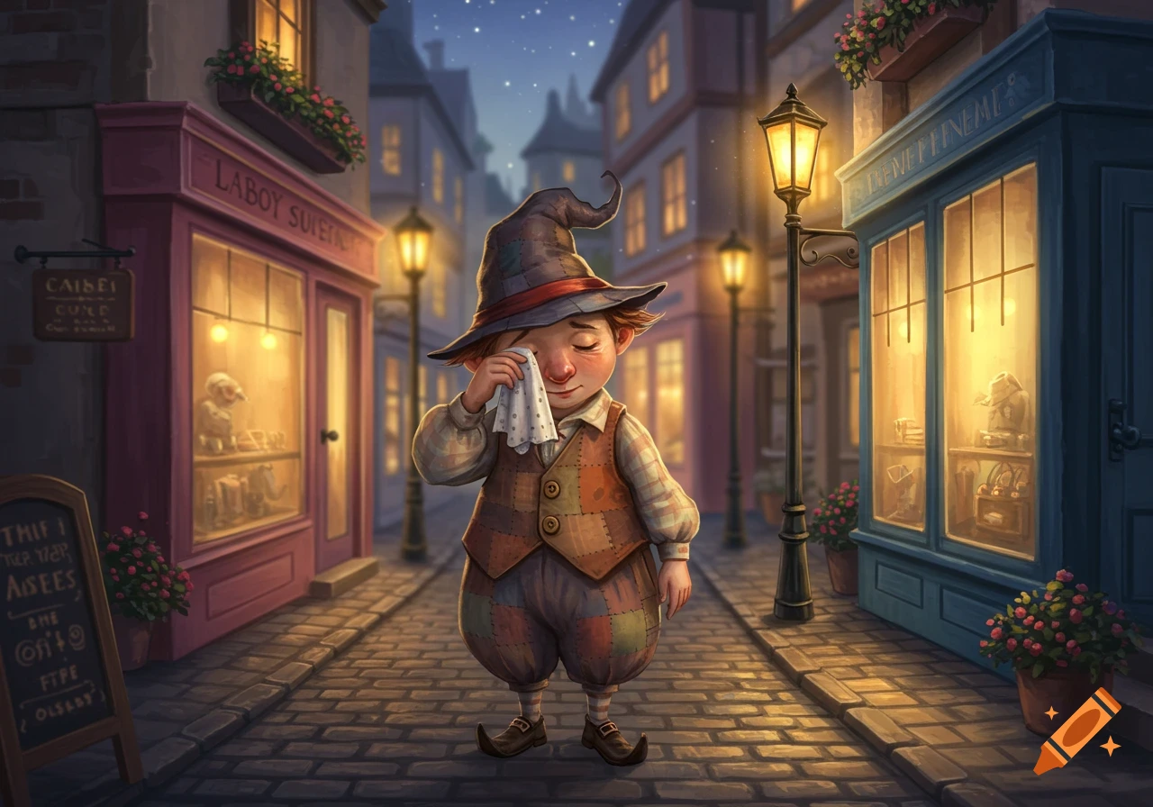 A whimsical cartoon illustration of a little boy in a wizard hat crying and wiping his eyes on a cobblestone street at night.