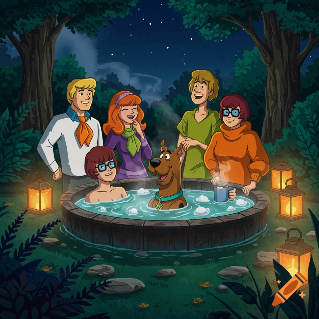 Scooby Doo and the gang relax in a hot tub at night, surrounded by trees and glowing lanterns in a cartoon style.