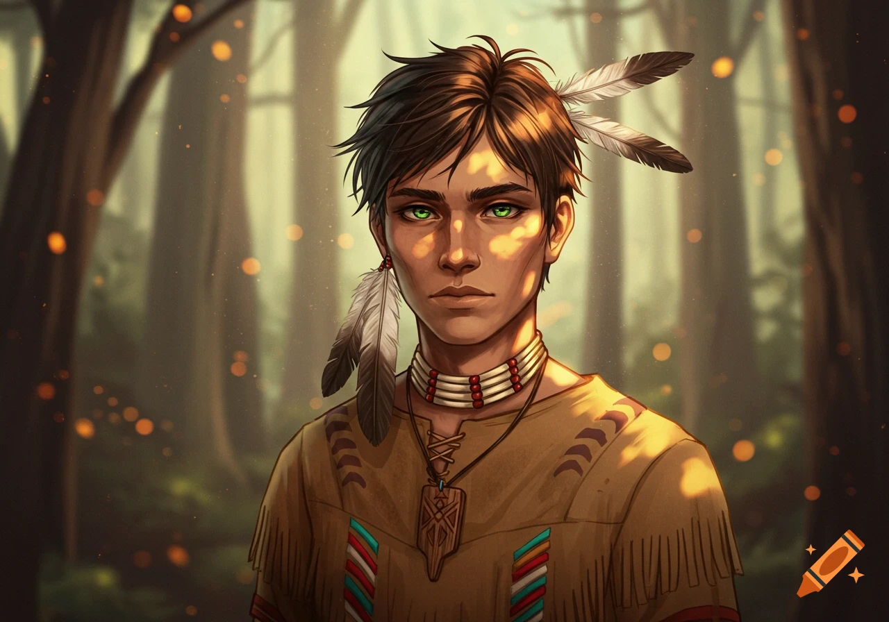 An illustration of a young man with dark hair, green eyes, and feathers, wearing traditional clothing in a sunlit forest.