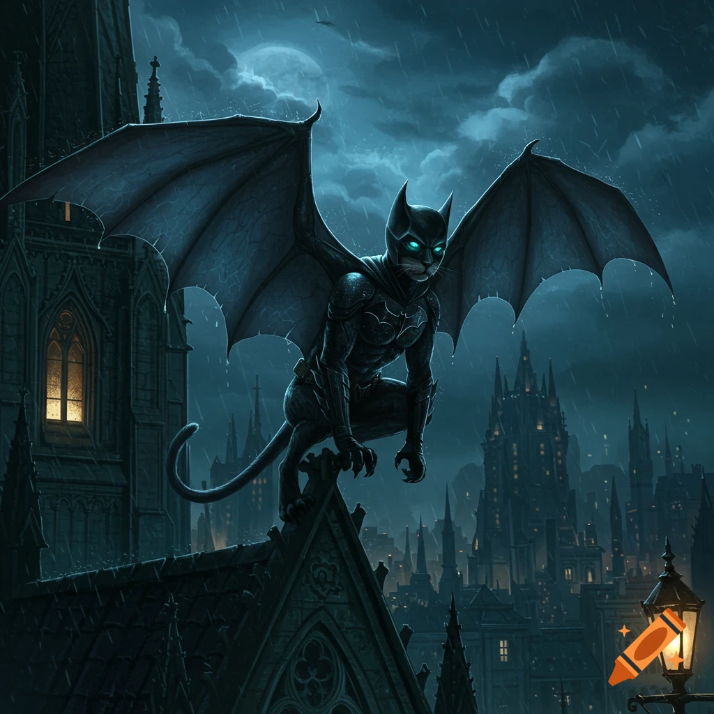 A cat-like creature with bat wings and a Batman suit crouches on a gothic rooftop on a rainy, moonlit night with a city in the background.