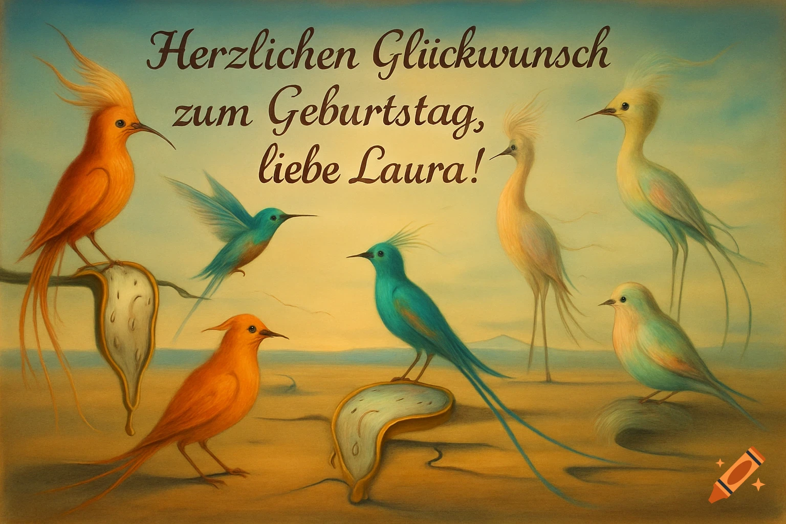 Surreal Dalí-style birthday card with colorful birds, melting clocks, and German text, set in a desert.