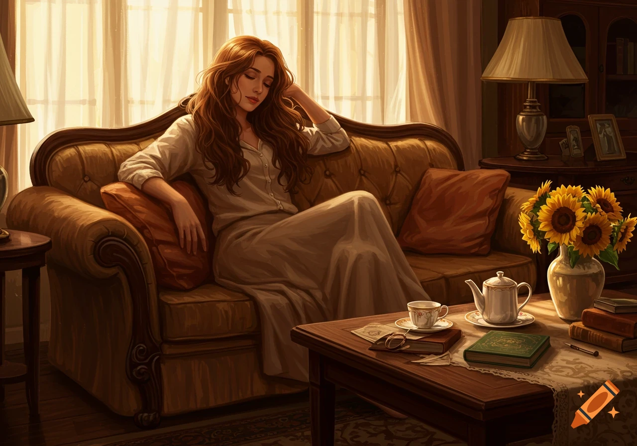A woman with long brown hair rests on a brown couch in a warm, painterly living room, with a coffee table holding tea and sunflowers.