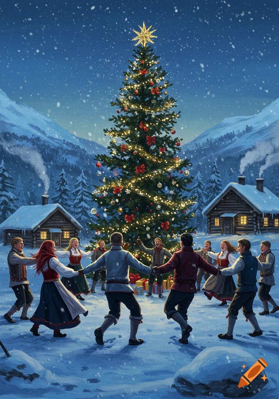 People in folk attire dance in a circle around a brightly lit Christmas tree in a snowy mountain village scene.