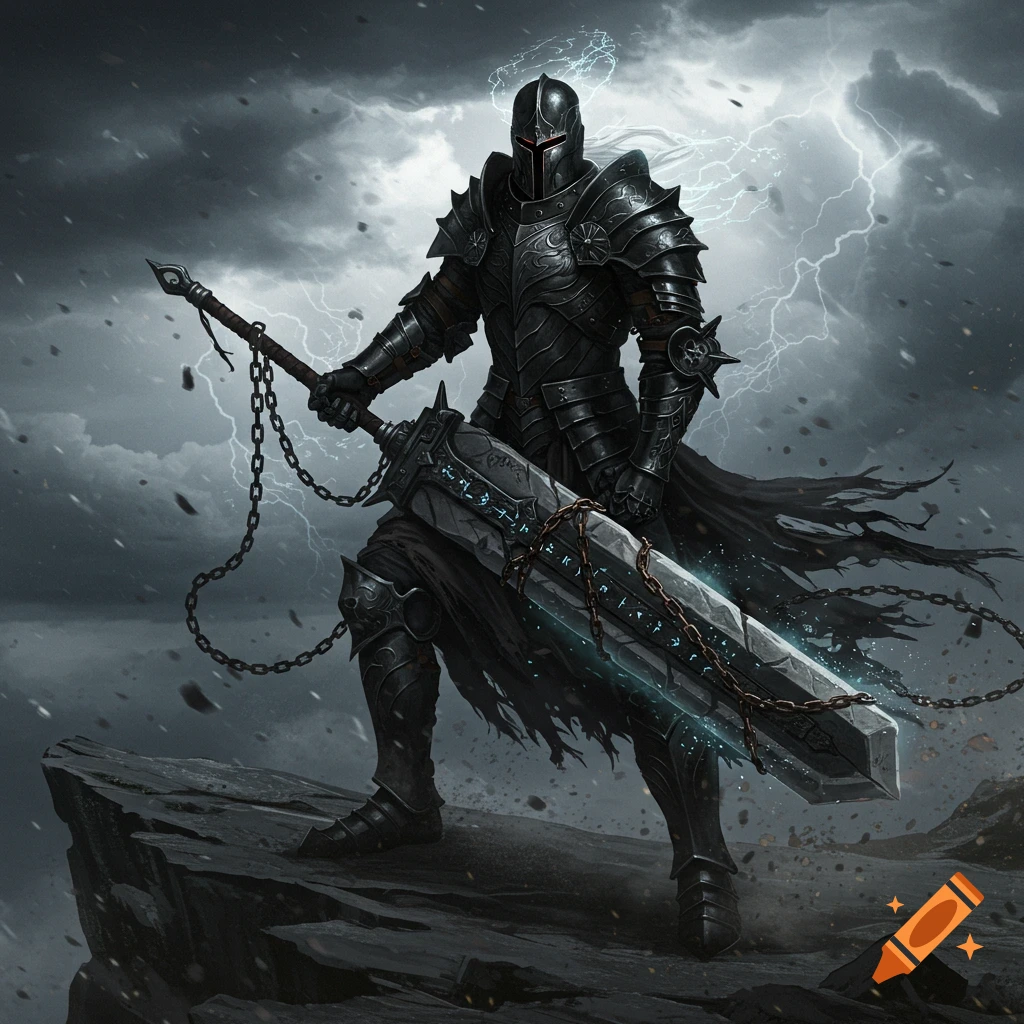 Dark knight in black armor holding a huge, chained sword on a cliff under a stormy, lightning-filled sky, fantasy art style.