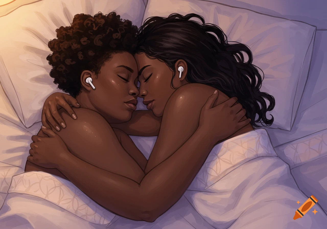 Illustration of two dark-skinned women sleeping peacefully in bed, embracing, with earbuds.