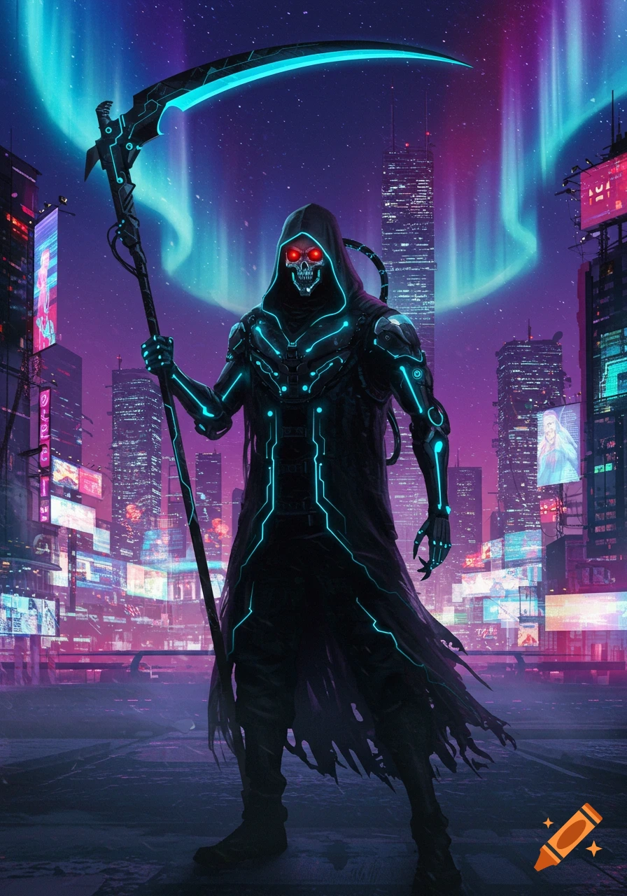 A cybernetic grim reaper with glowing red eyes and a neon scythe stands in a vibrant, neon-lit cyberpunk city under a cosmic aurora.