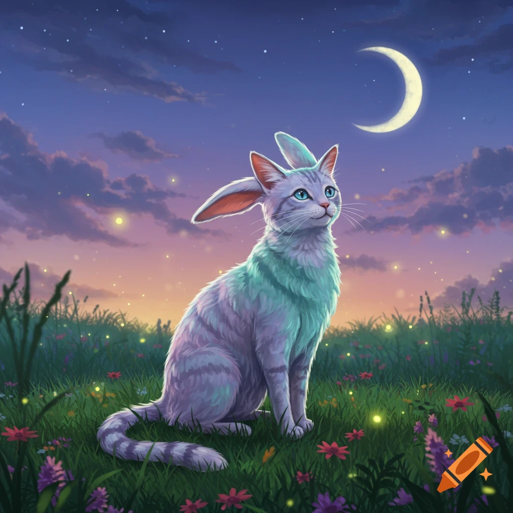 A whimsical gray cat-like creature with large rabbit ears sits in a glowing flower field at dusk, looking up at a crescent moon.