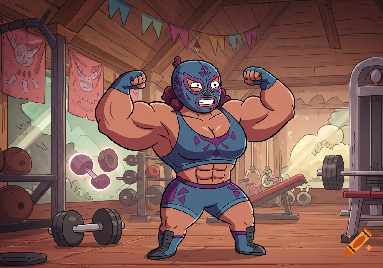 A muscular female masked wrestler in a blue and purple outfit flexes her biceps at a cartoon gym.