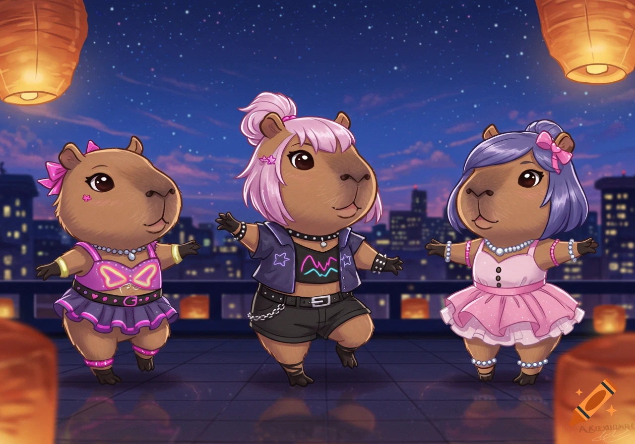 Three cute cartoon capybaras wearing pop idol outfits, posing on a rooftop at night with city lights and lanterns.