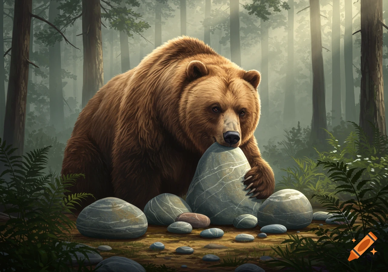A brown bear rests its snout on a large grey stone amidst ferns in a misty forest, digital painting.