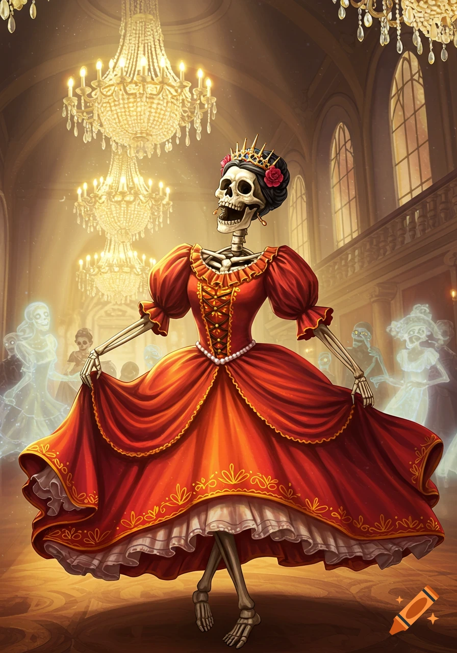 A smiling skeleton in a red ballroom gown and crown dances in a grand hall with chandeliers and ghostly figures, fantasy art.