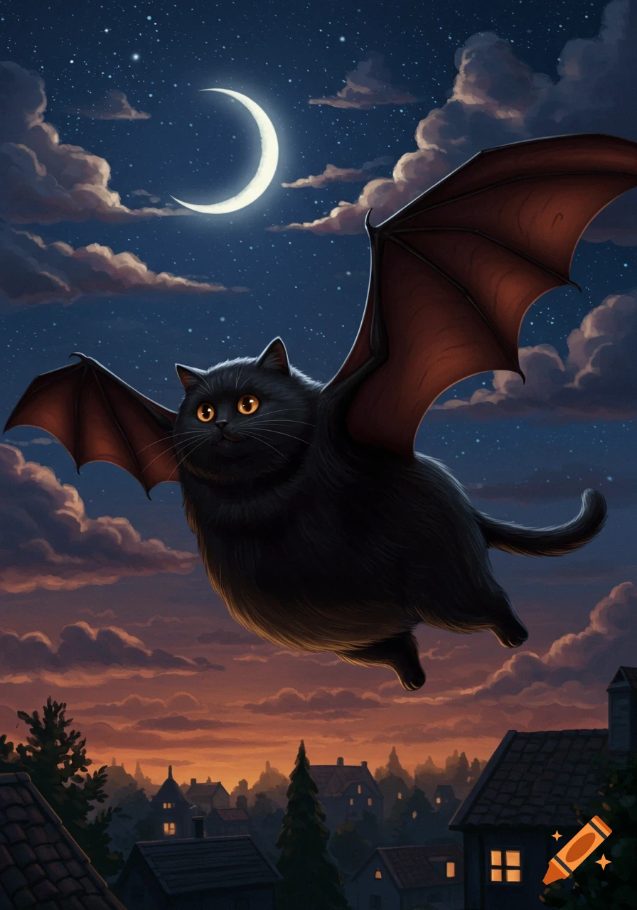 A fluffy black cat with bat wings flies over a quaint town at night under a crescent moon, in an illustrated style.