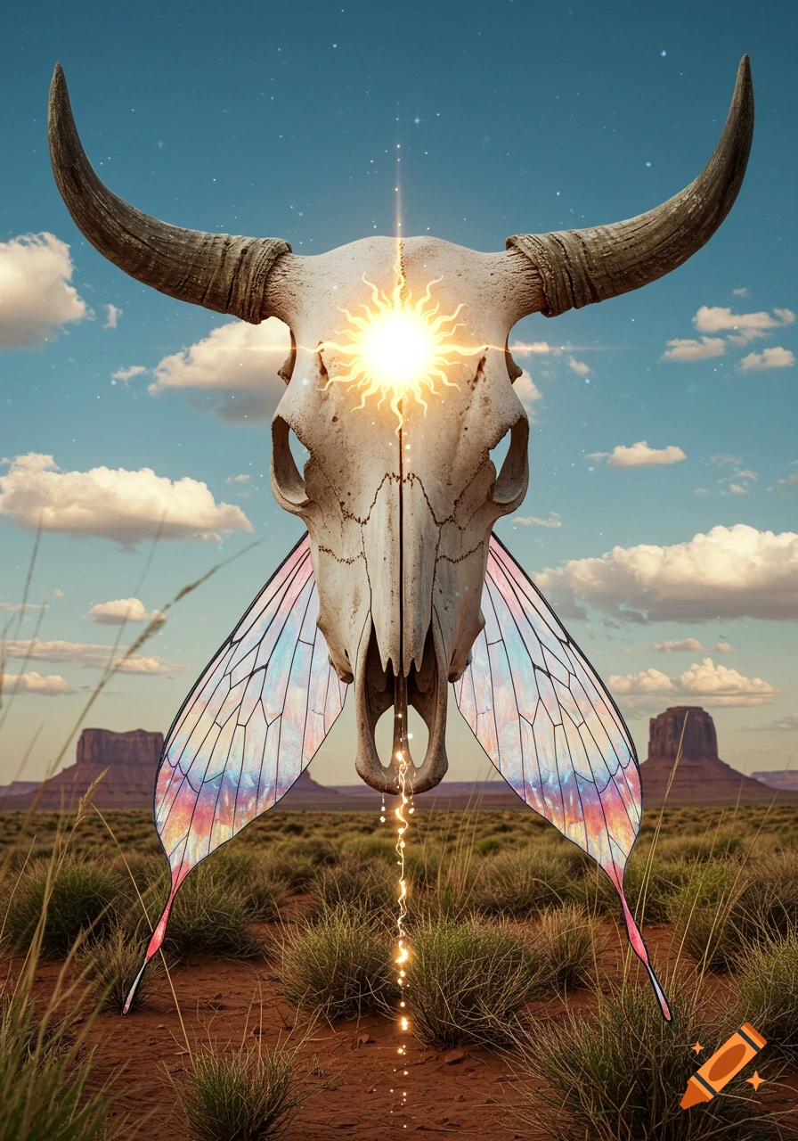 A cow skull with a glowing sun on its forehead and iridescent fairy wings, hovering over a desert landscape with mesas under a cloudy blue sky.