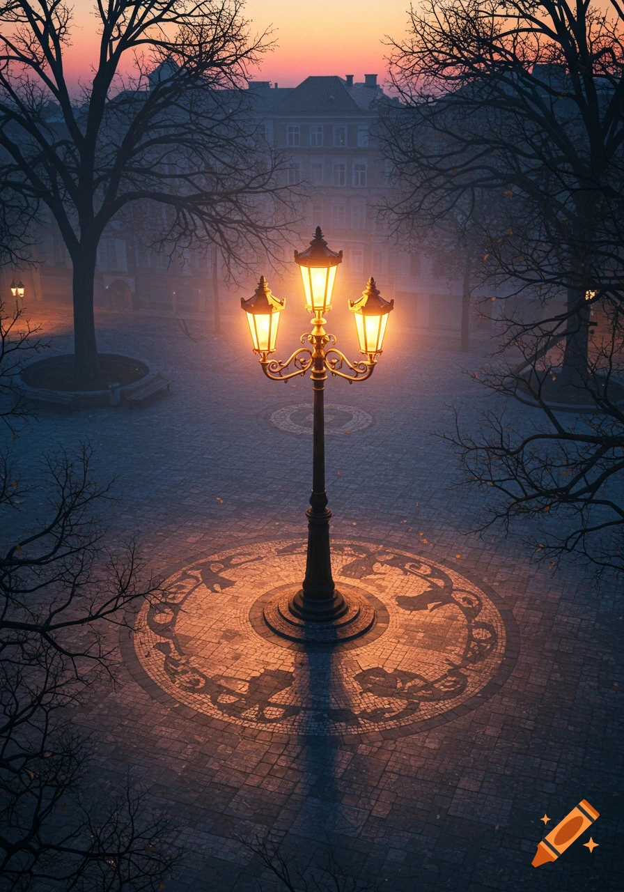 A glowing three-lamp street light illuminates a patterned cobblestone square at dusk, with bare trees and distant buildings.