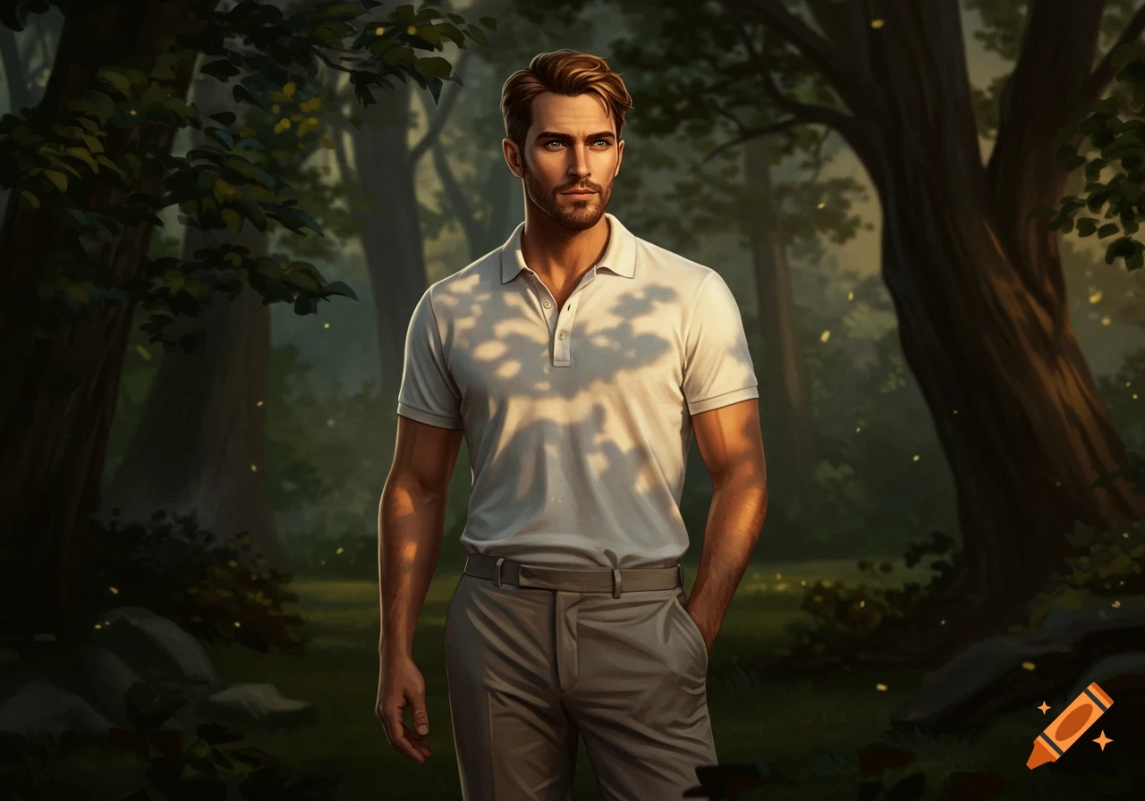 A handsome man in a white polo and grey pants stands in a sunlit forest, digital painting style.