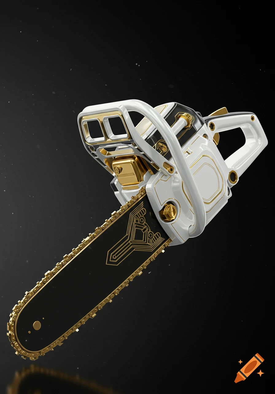 A stylish, glossy gold, white, and black chainsaw against a dark background.