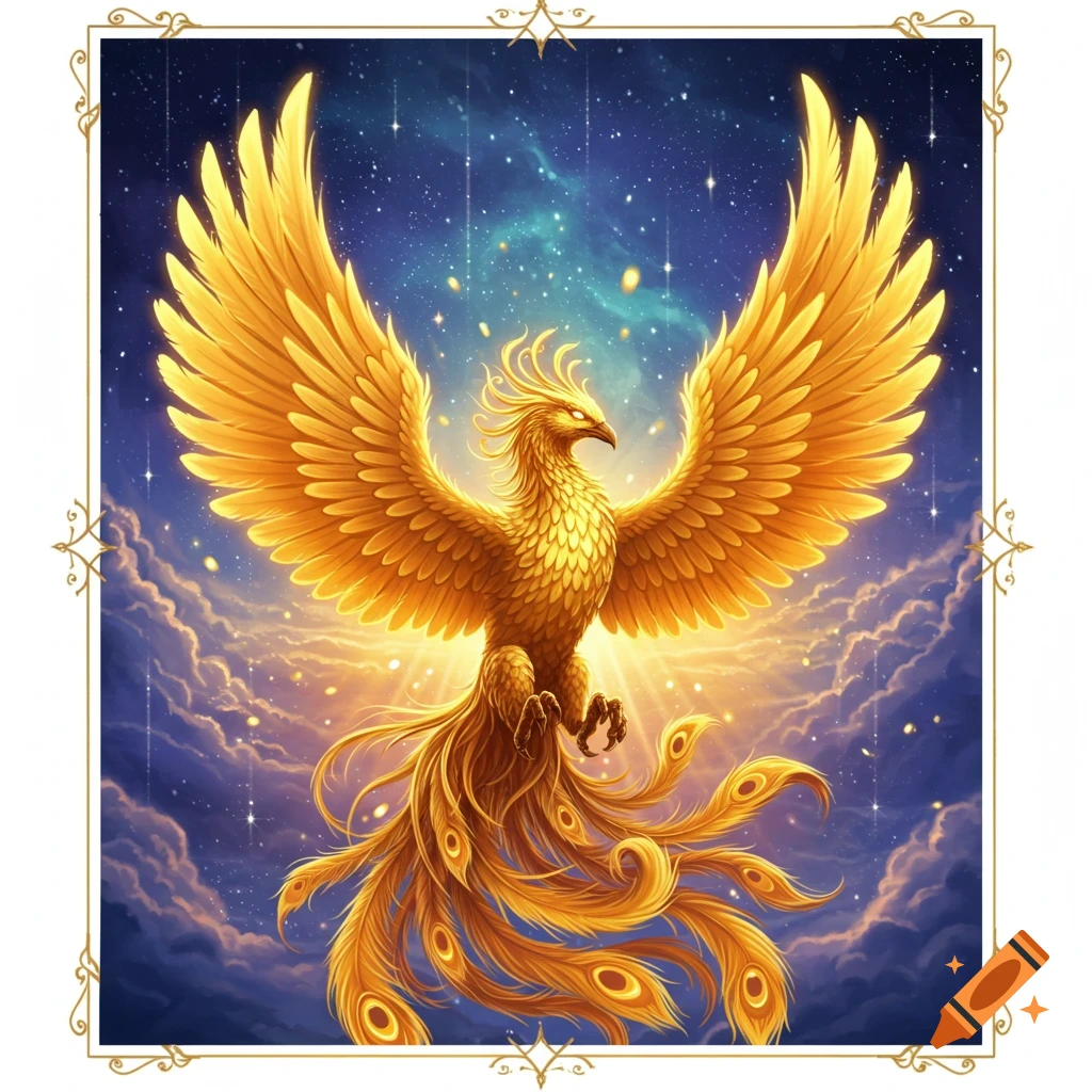 A majestic golden phoenix with large wings spread against a dark blue cosmic sky filled with stars and glowing clouds.