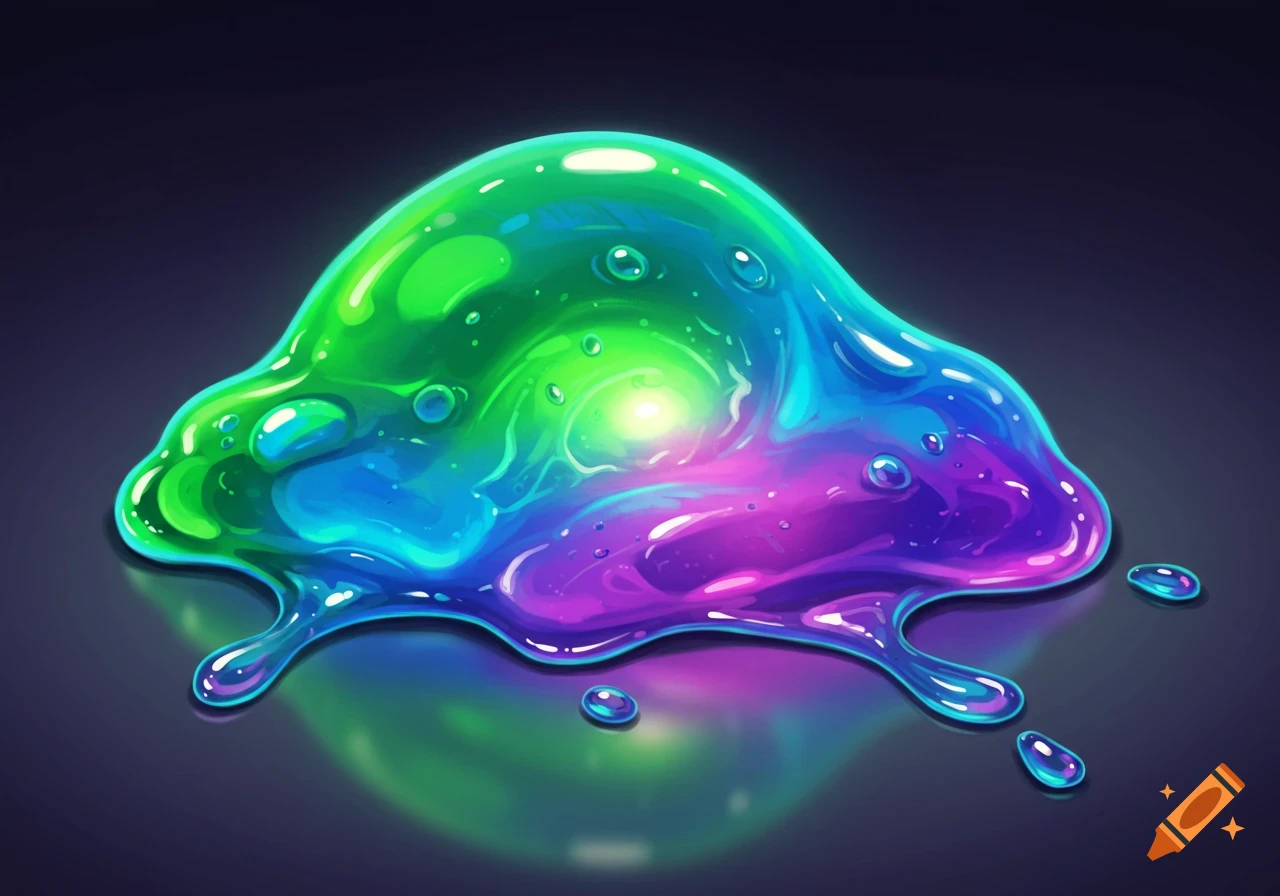 A vibrant, multi-colored slime blob, glowing green, blue, and purple, with glossy reflections on a dark surface.
