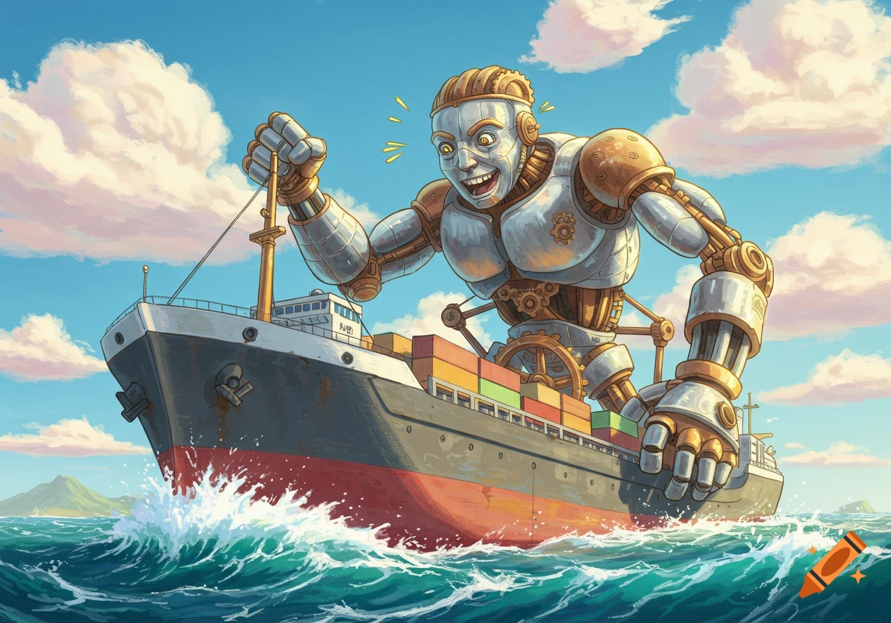 A giant, smiling robot pulls a cargo ship through a vibrant blue ocean, creating white waves under a clear sky.