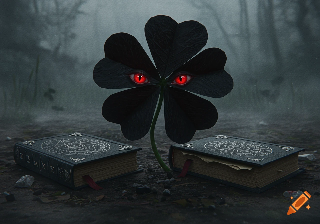 A black four-leaf clover with glowing red eyes stands between two ancient-looking black spellbooks on a dark, misty forest floor.