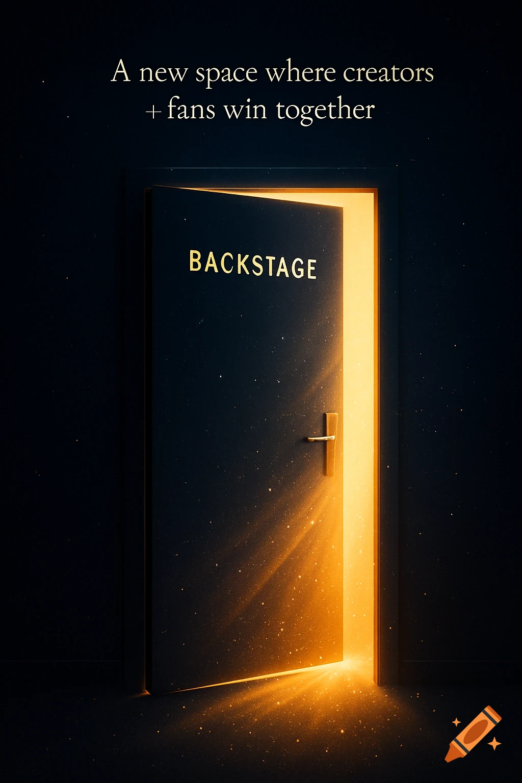 A glowing door labeled "BACKSTAGE" opens in a dark room, emitting golden light. Text "A new space where creators + fans win together."