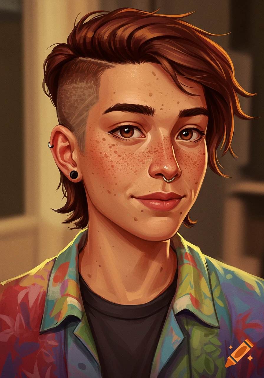 A friendly digital portrait of a person with brown hair, a shaved side, freckles, and a colorful floral shirt.