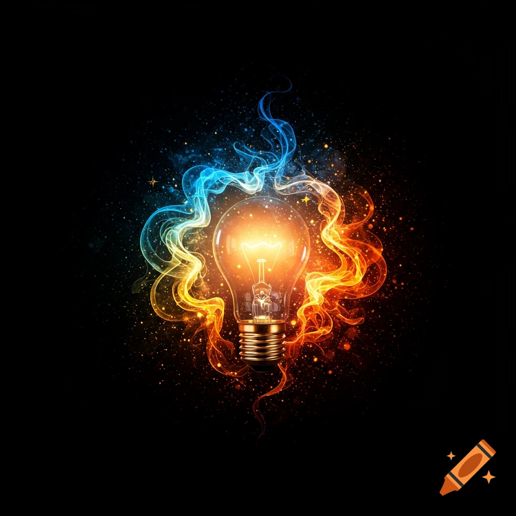 A vibrant illustration of a glowing lightbulb enveloped by swirling blue and orange smoke and sparkling particles on a black background.