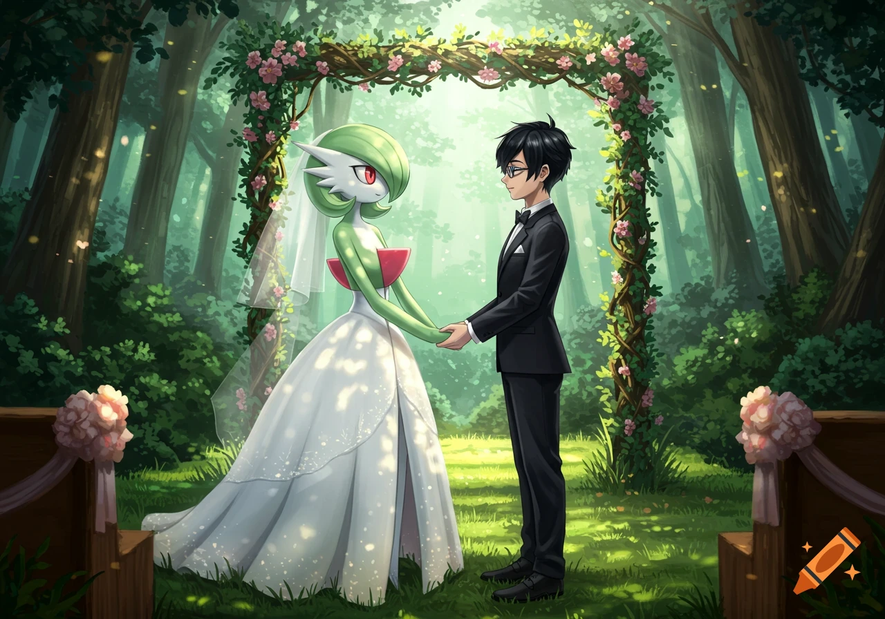 Gardevoir in a white wedding dress and a man in a black tuxedo hold hands under a pink floral arch in a forest.