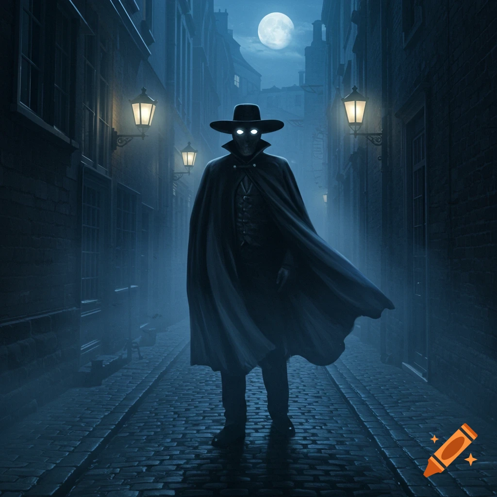 A mysterious figure in a wide-brimmed hat and flowing cloak with glowing eyes stands in a foggy, moonlit cobblestone alley.