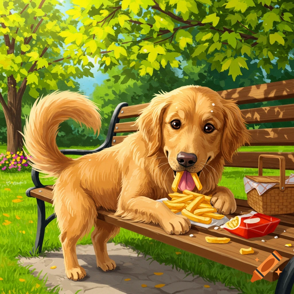 A happy golden retriever dog eating french fries on a park bench, with a picnic basket nearby. Illustration.