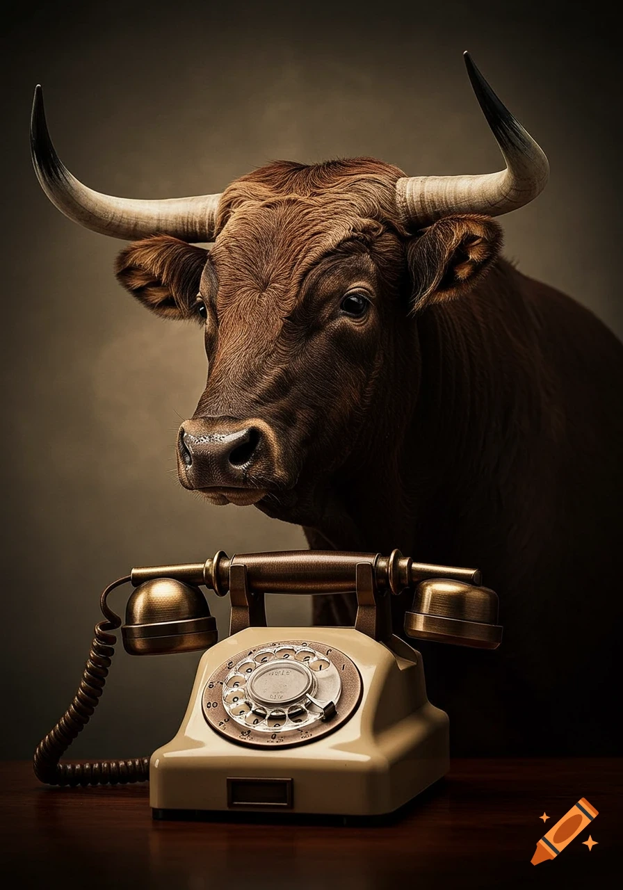 A photorealistic image of a brown bull's head peering over a beige vintage rotary telephone on a dark wooden table.