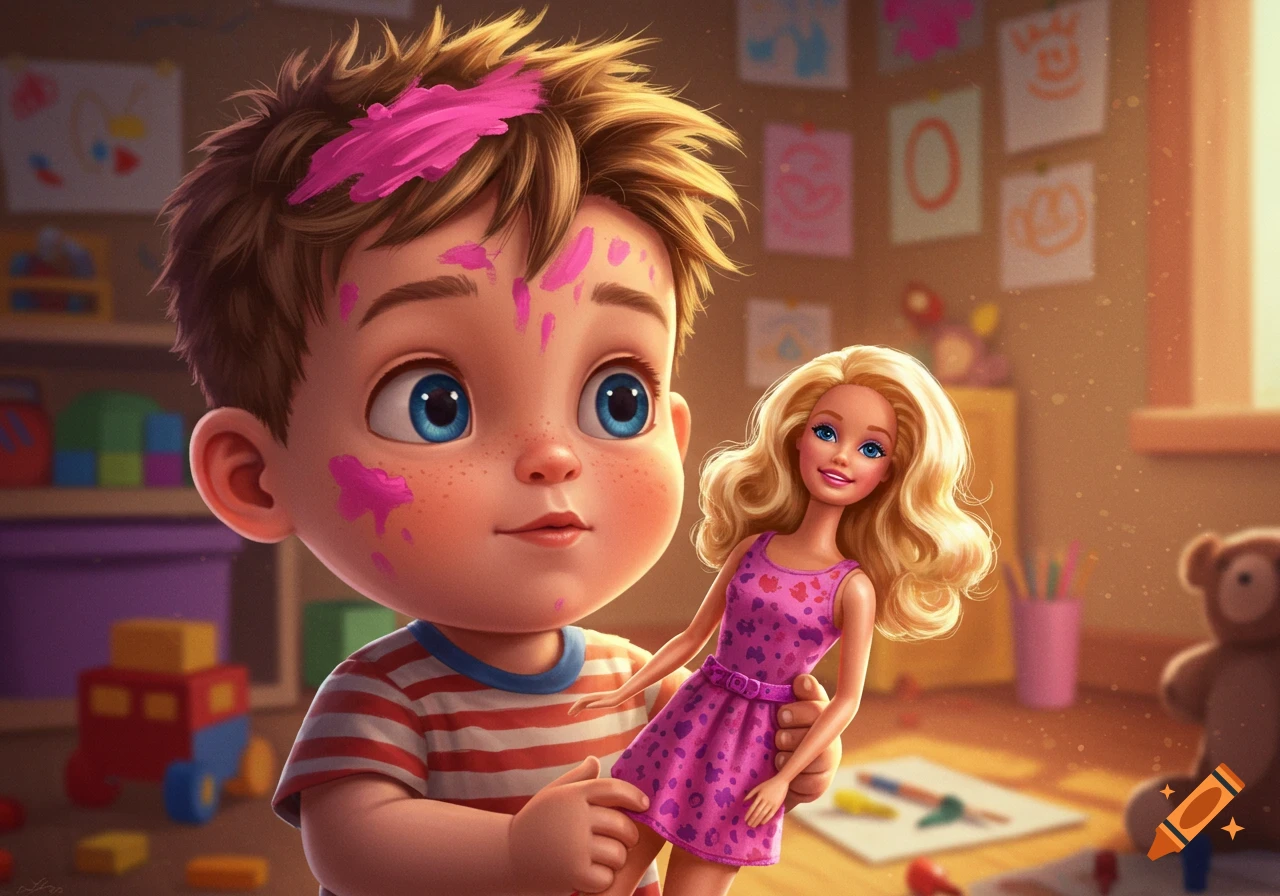 A cartoon boy with pink paint in his hair holds a Barbie doll in a brightly lit playroom.