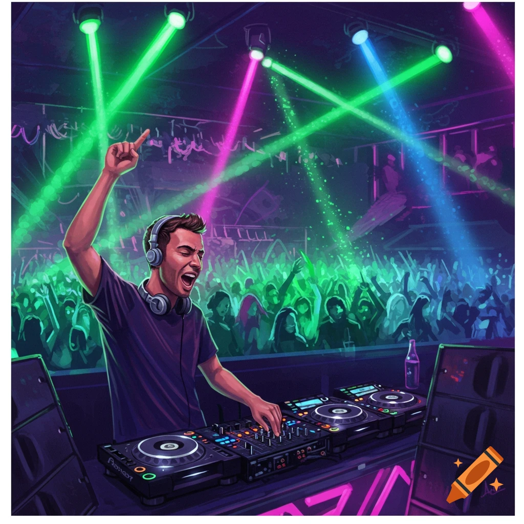 An energetic DJ in headphones mixing music at a vibrant club with green, pink, and blue laser lights illuminating a cheering crowd.