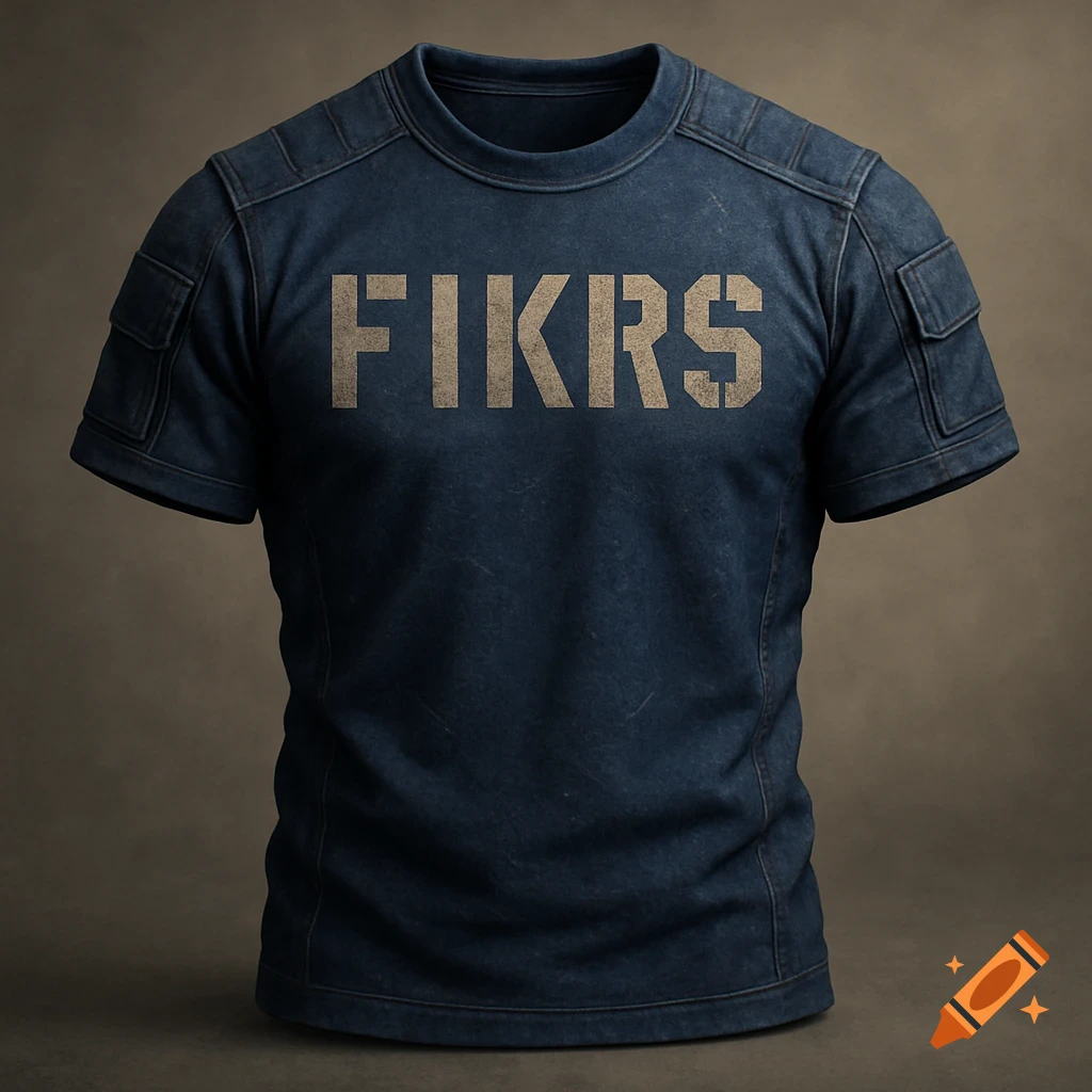 A dark blue tactical-style t-shirt with 'FIKRS' printed in tan stencil letters on the front.