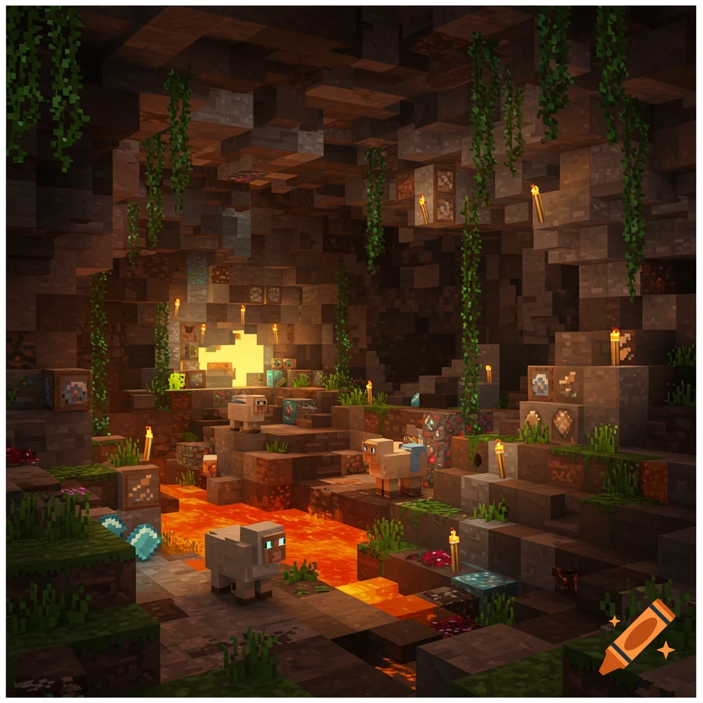 Minecraft-style cave with flowing lava, several sheep, torches, and glowing ore blocks.