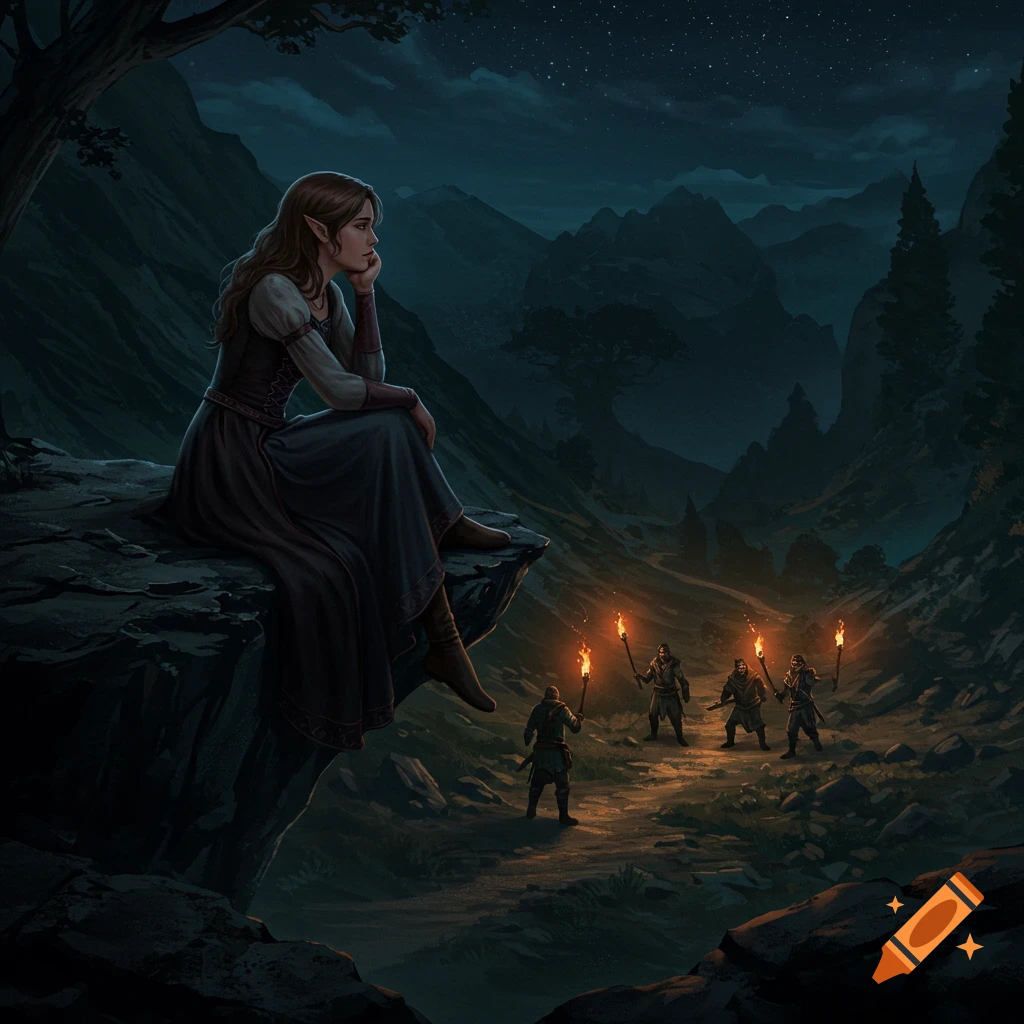 An elf-like woman sits on a cliff in a dark, mountainous valley at night, looking down at men holding torches.